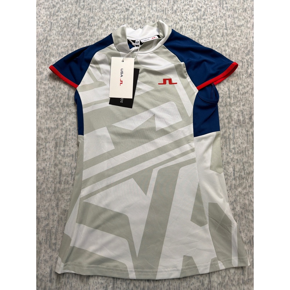 J.Lindeberg Yvette Top USA Golf White Blue Red Mock Neck GWJT11742 womens Medium